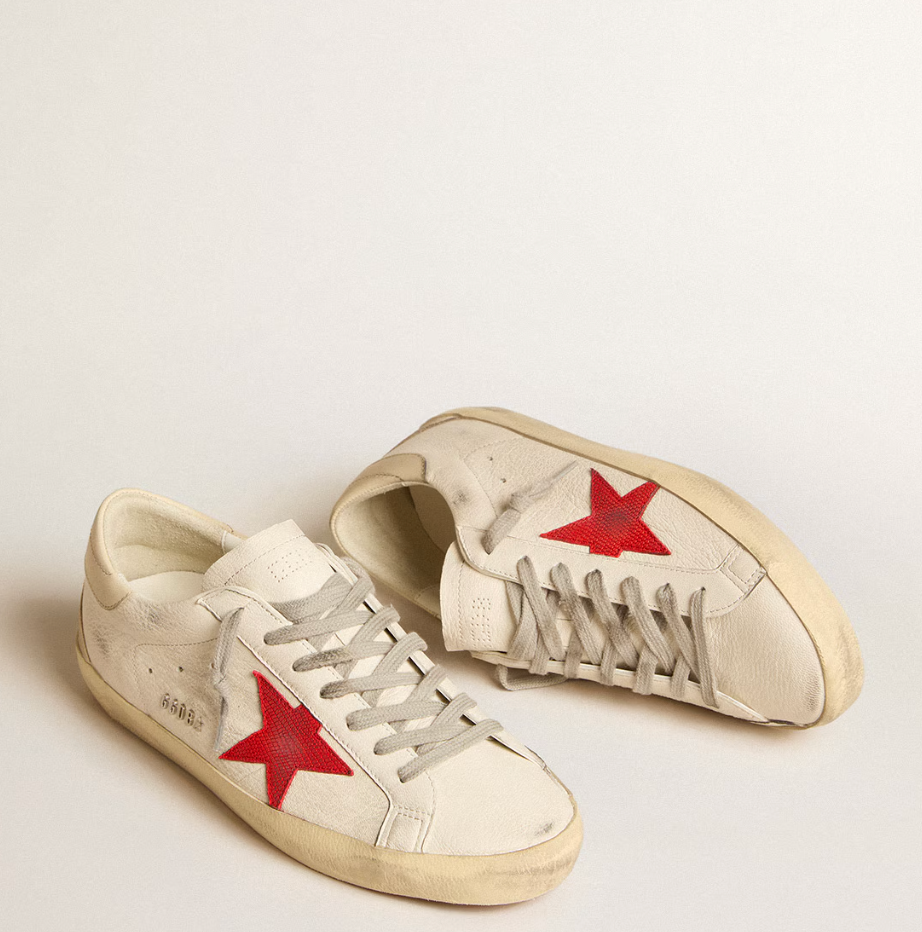 Super-Star in white nappa leather with a red star and cream leather reinforcement