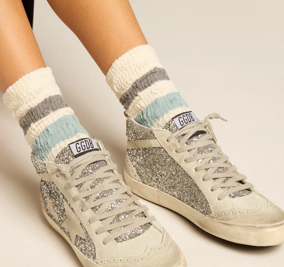Mid Star in silver glitter with a star and comma in glace suede