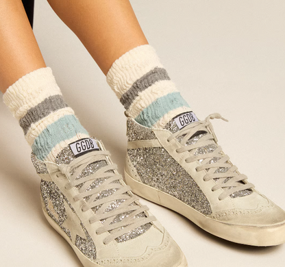 Mid Star in silver glitter with a star and comma in glace suede