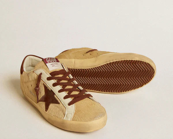 Super-Star Women in beige pony with a star and brown suede heel tab